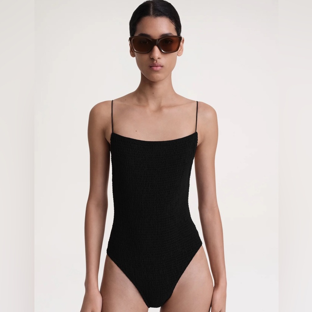 Toteme Black Smocked One Piece Swimsuit Large